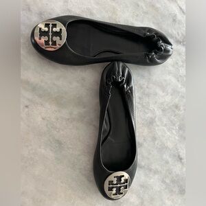 Tory Burch Black Flats with Silver Logo